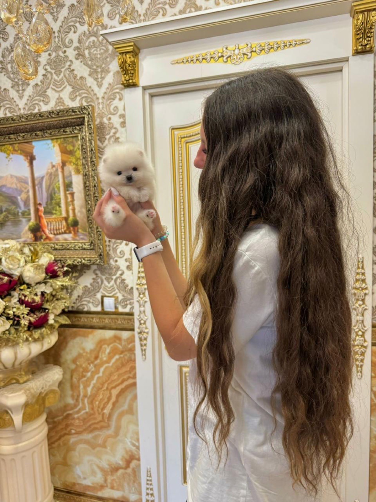 Девушка знакомится со щенком